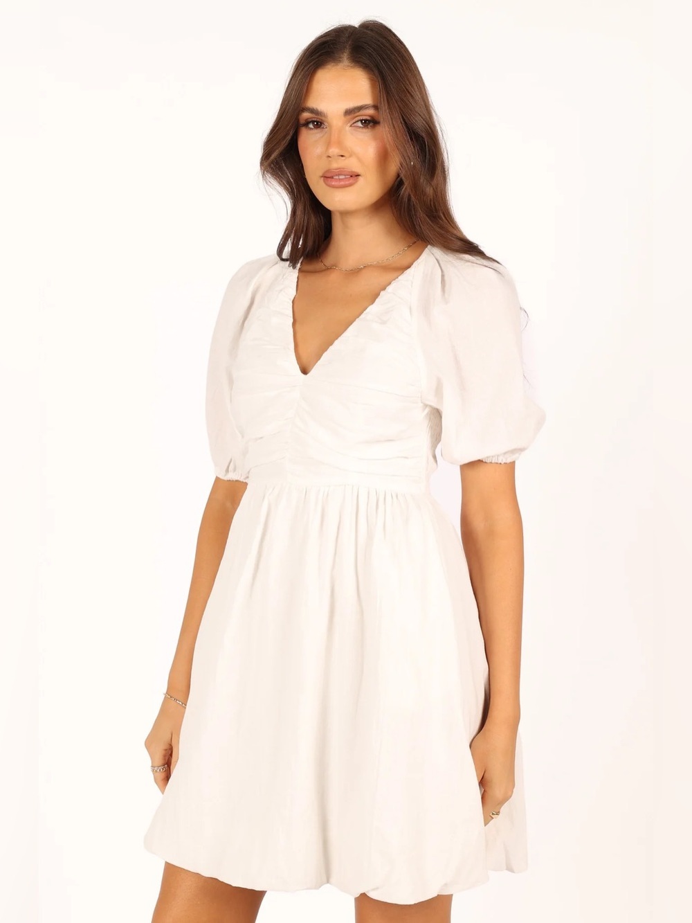 Petal & Pup White Puff-Sleeve V-Neck Mini Dress